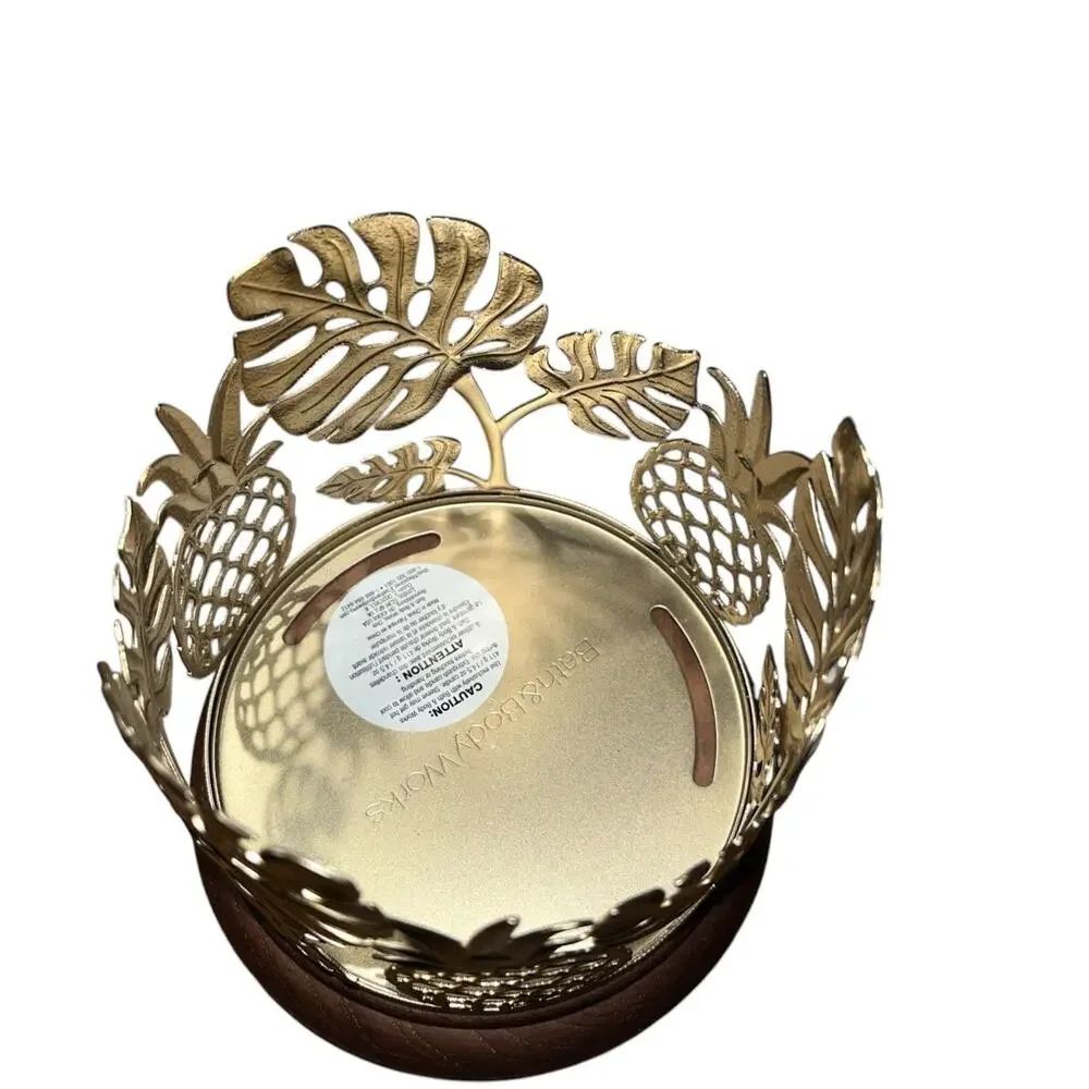 NEW Bath & Body Works Palm Leaf & Pineapple with Wood Base 3-Wick Candle Holder - Picture 2 of 3